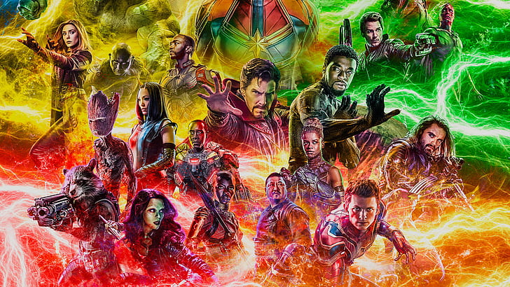 The Avengers, Avengers EndGame, Black Panther (Marvel Comics), Doctor Strange, Drax The Destroyer, Falcon (Marvel Comics), Gamora, Groot, Mantis (Marvel Comics), Rocket Raccoon, Scarlet Witch, Spider-Man, Star Lord, Vision (Marvel Comics), War Machine, Winter Soldier, HD wallpaper