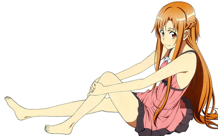 Sword Art Online, anime, animeflickor, Yuuki Asuna, orange ögon, rödhårig, långt hår, HD tapet