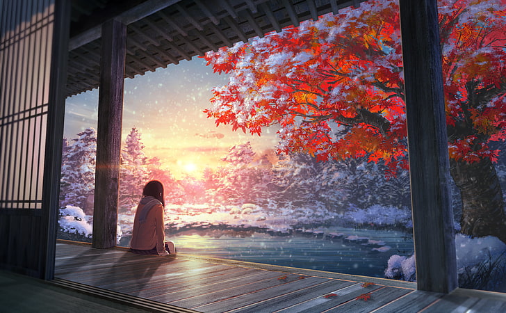 jaket putih wanita, musim dingin, tenang, gadis anime, matahari terbenam, karya seni, salju, Wallpaper HD