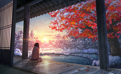 jaket putih wanita, musim dingin, tenang, gadis anime, matahari terbenam, karya seni, salju, Wallpaper HD HD wallpaper