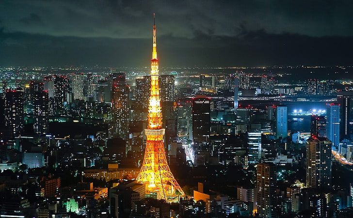 Токийска кула, Япония, Токио, Токийска кула, Япония, градски пейзаж, нощ, HD тапет