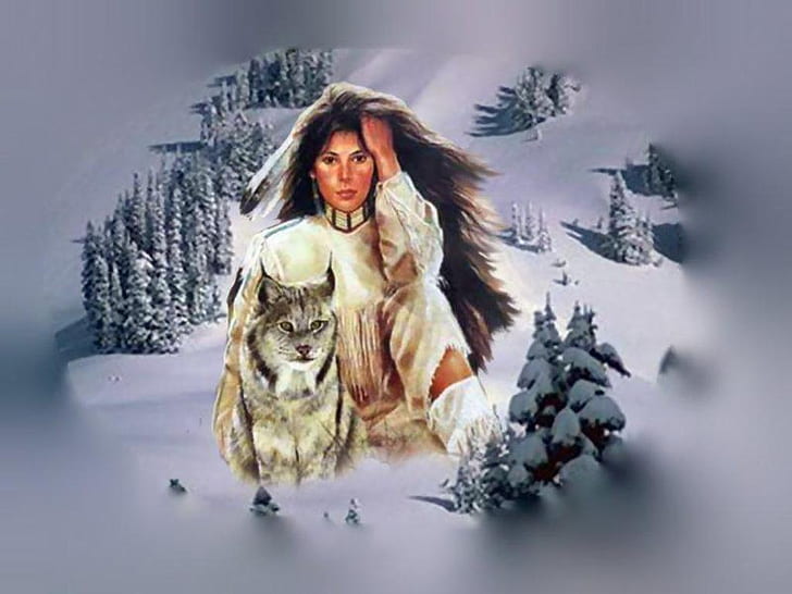 brush feather Native American Woman and Wolf Abstract Fantasy HD Art , snow, wolf, Indian, brush, feather, Native American, HD wallpaper