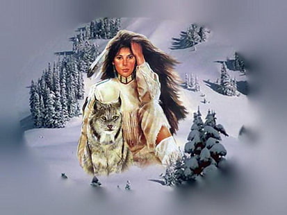 кисть перо индеец женщина и волк абстракция фантазия HD арт, снег, волк, индеец, кисть, перо, индеец, HD обои HD wallpaper