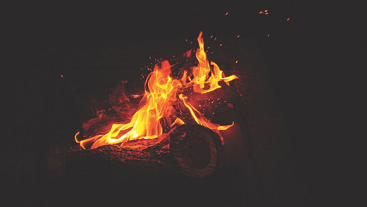 czerwone i żółte płomienie, kłoda, ogień, ognisko, Tapety HD