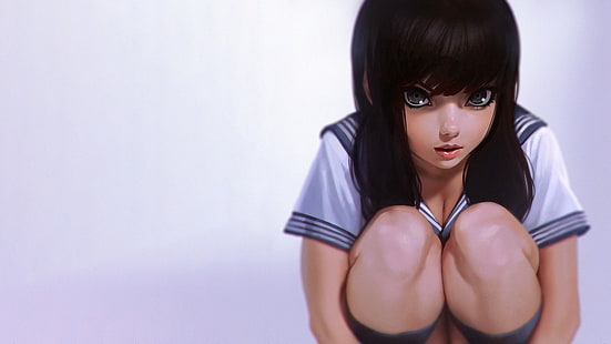 school uniform, squatting, anime girls, brunette, original characters, HD wallpaper HD wallpaper