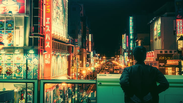 Japoński, Tokio, rower, neon, Tapety HD