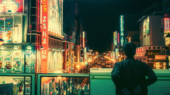 남자의 검은 가죽 자켓, 도쿄, 일본, 네온, 자전거, HD 배경 화면 HD wallpaper