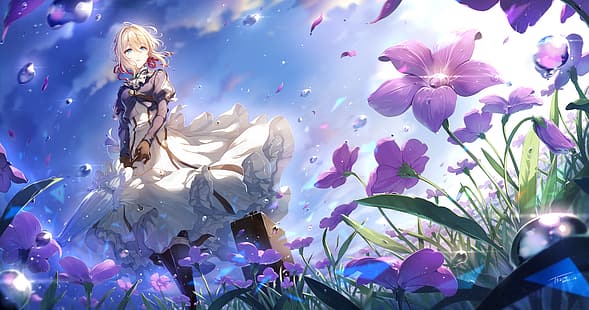 anime, dziewczyny z anime, Violet Evergarden (postać), Violet Evergarden, kwiaty, niebo, blondynka, Tel-O, Tapety HD HD wallpaper
