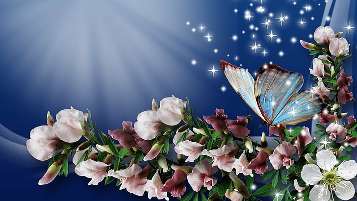 Artistic, Spring, Blossom, Butterfly, Flower, Pink Flower, Sparkles, HD wallpaper