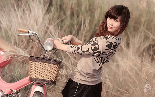 жени, модел, азиатски, брюнетка, велосипед, HD тапет HD wallpaper