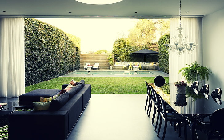 sofa sectional hitam, kolam renang, dekorasi, rumah, rumah mewah, mewah, kamar, interior, halaman belakang, pagar, Wallpaper HD