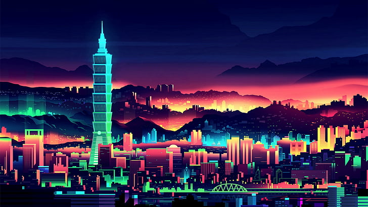 skyscraper, asia, taiwan, taipei, colorful, tower, digital art, downtown, evening, cityscape, futuristic art, night, skyline, sky, metropolitan area, city, metropolis, landmark, HD wallpaper