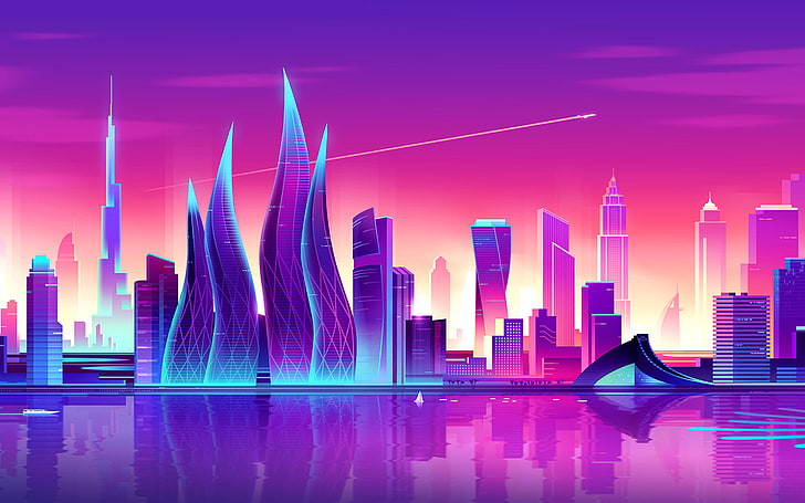 иллюстрация городского пейзажа, фото фиолетового иллюстрации городского пейзажа, ночь, городской пейзаж, красочный, HD обои