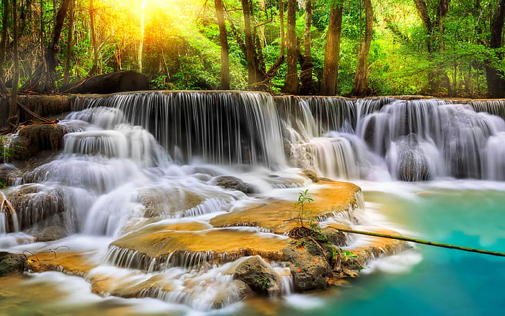Cascade vattenfall med exotisk tropisk vegetation gröna träd, mousserande vatten-rock-Erawan Falls-National Park-Thailand-Desktop HD-bakgrundsbilder för mobiltelefoner och dator-3840 × 2400, HD tapet