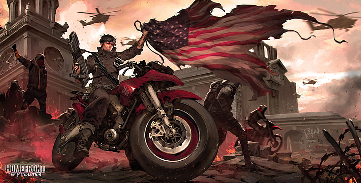 город, флаг, солдаты, мотоцикл, велосипед, революция, Homefront: The Revolution, HD обои