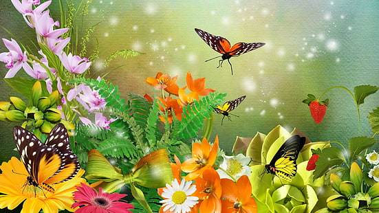 motyl, fantasy art, motyle, ogród kwiatowy, kwiat, ilustracja, dziki kwiat, wiosna, Tapety HD HD wallpaper