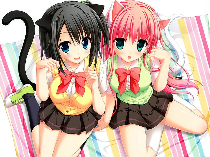 Anime, Anime Girls, Katzenohren, Schwanz, blaue Augen, grüne Augen, schwarze Haare, rosa Haare, kurze Haare, HD-Hintergrundbild