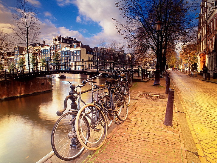 Амстердам, Нидерланды, канал, городской пейзаж, город, улица, велосипед, HD обои