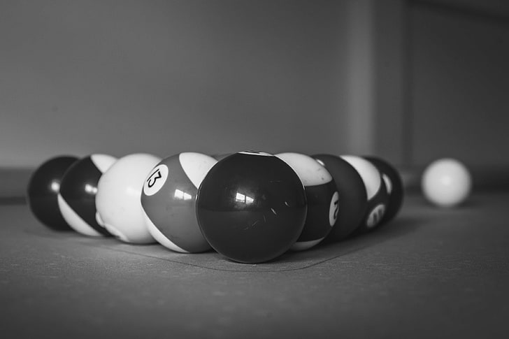 balls, billiard, billiard balls, billiard table, black and white, blur, close up, cue sports, monochrome, round, HD wallpaper