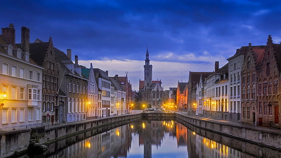 nuit, maison, canal, Belgique, Bruges, place Jan van eyck, Fond d'écran HD HD wallpaper