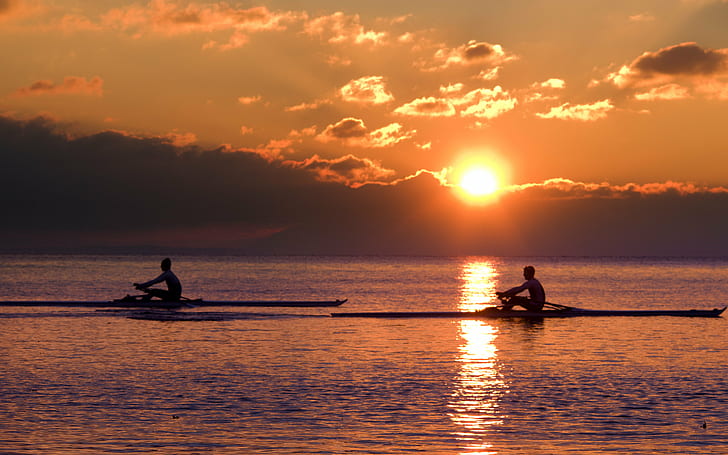 two person on boat at sunset, Sunset, person, boat, switzerland, rowing, Lausanne, Lake Geneva, pentax  K-r, Pentax Kr, nautical Vessel, silhouette, sea, people, water, sport, nature, oar, outdoors, HD wallpaper