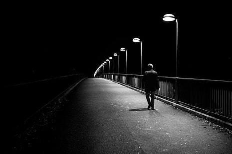 grayscale photo of man walking on pathway with light post on side, grayscale, photo, man, walking on, pathway, light, post, on side, EF, f/2, STM, Canon  EOS M, Dark  Night, Bridge, Black and White, bridge - Man Made Structure, outdoors, people, HD wallpaper HD wallpaper