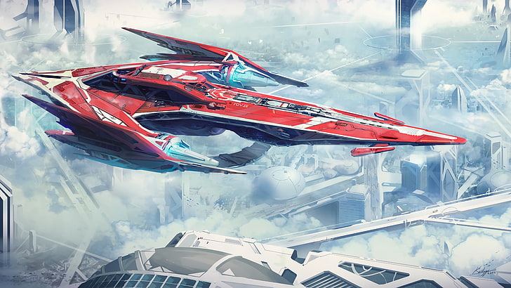 красные космические корабли обои, цифровое искусство, фантастика, космический корабль, HD обои