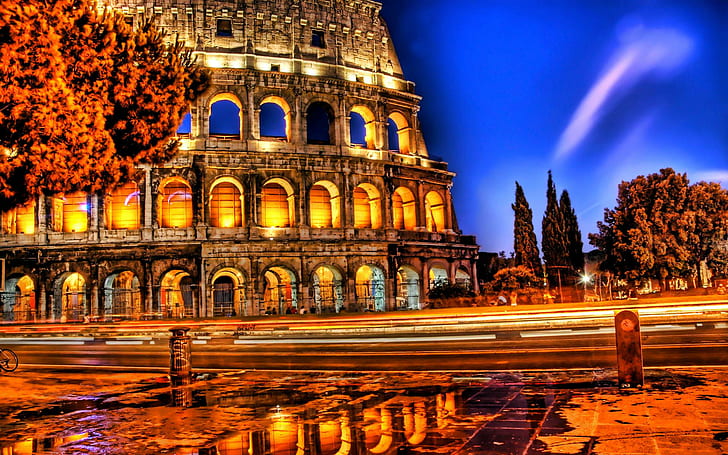 Colosseum by Night, street, beautiful, colosseum, night, lights, evening, italia, rome, blue, light, Wallpaper HD