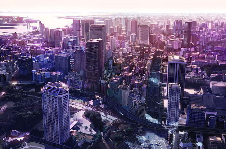 high rise buildings, city, cityscape, anime, artwork, HD wallpaper