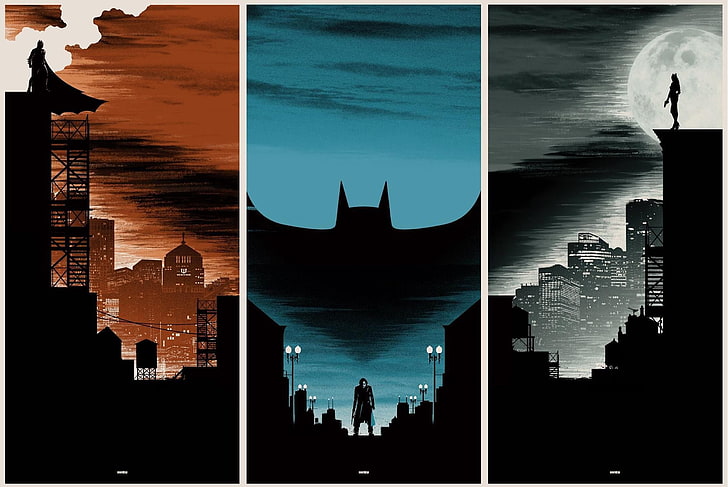 Fondo de pantalla de The Dark Knight Trilogy, Batman, The Dark Knight, Batman Begins, The Dark Knight Rises, Catwoman, Joker, tríptico, Matt Ferguson, collage, Fondo de pantalla HD