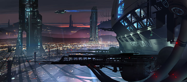 sfondo del gioco digitale, tramonto, città, futuro, costruzione, navi, arte, megapolis, Ryan Gitter, Sfondo HD
