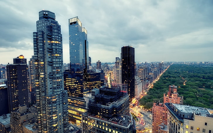 Vogelperspektive von Hochhäusern, West Midtown, New York, Dämmerung, NYC, USA, HD-Hintergrundbild