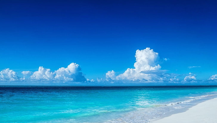 white sand seashore, nature, photography, landscape, summer, Caribbean, sea, beach, white, sand, clouds, tropical, horizon, Turks & Caicos, HD wallpaper