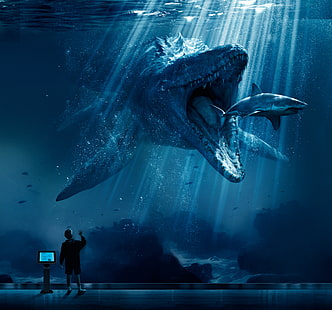 ملصق Mosasaurus Shark Snack من Jurassic World 2018، خلفية HD HD wallpaper