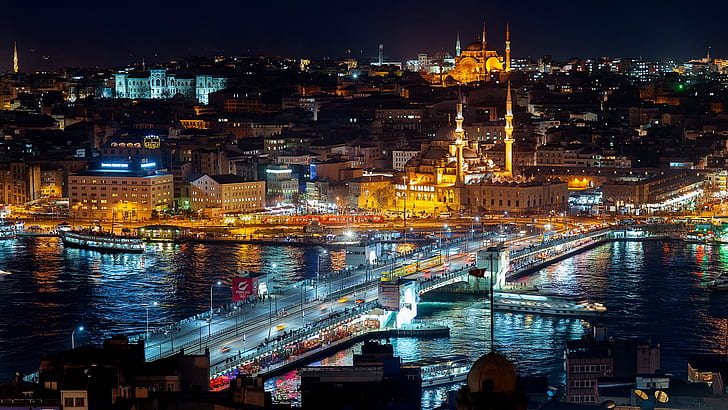 Stambuł, Turcja, lampki nocne, miasto, budynki, most, woda, Stambuł, Turcja, noc, światła, miasto, budynki, most, woda, Tapety HD