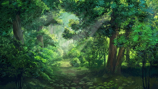 illustrazione di alberi verdi, luce solare, foresta, verde, estate eterna, raggi del sole, alberi, opere d'arte, Sfondo HD HD wallpaper