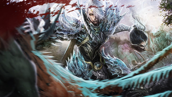 hombre de pelo blanco en azul y negro armadura ilustración, ilustraciones, guerrero, sangre, armadura, videojuegos, Fondo de pantalla HD