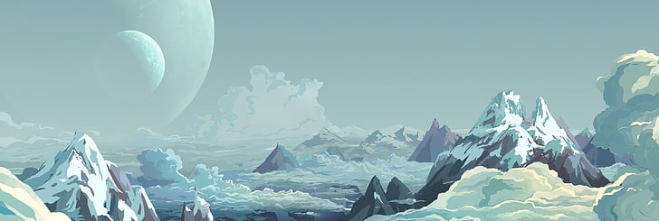 pegunungan dengan ilustrasi awan, lanskap, pegunungan, awan, Bulan, seni fantasi, Wallpaper HD