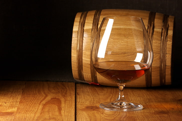 clear goblet glass, tree, glass, barrel, cognac, HD wallpaper