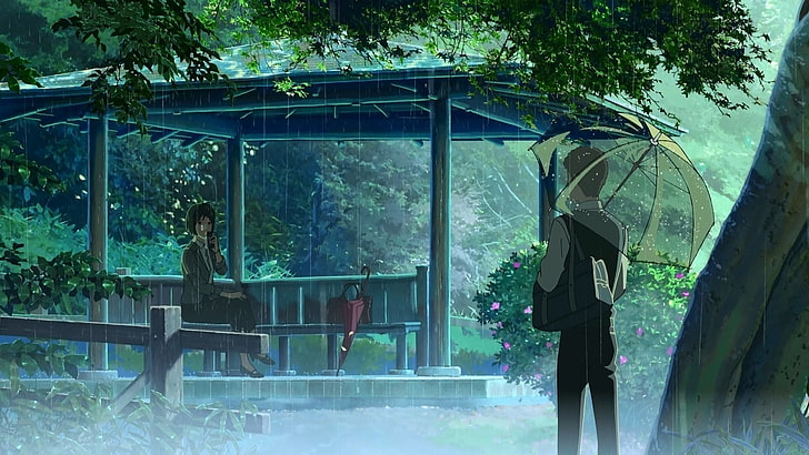 casal anime papel de parede digital, Yukino Yukari, Akizuki Takao, anime, O Jardim das Palavras, Makoto Shinkai, chuva, gazebo, guarda-chuva, HD papel de parede