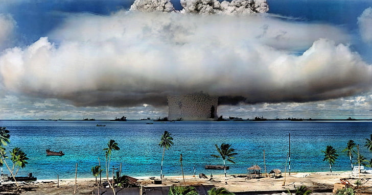 explosion in the middle of ocean during daytime, nuclear, bombs, Hawaii, nature, water, trees, beach, explosion, palm trees, colorized photos, HD wallpaper