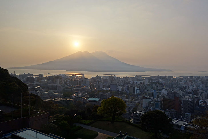 view of sakurajima from mainland kagoshima 2015, HD wallpaper