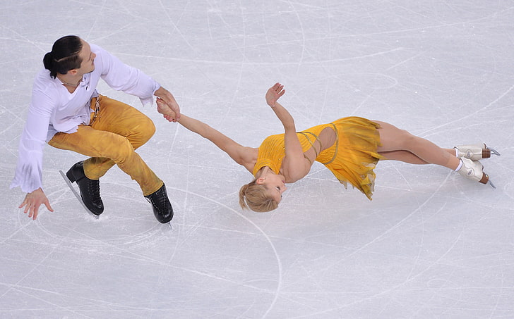 Kadın sarı kolsuz elbise, Artistik patinaj, Rusya, Çifti, Soçi 2014, Maxim Trankov, XXII Kış Olimpiyat Oyunları, Tatiana Volosozhar, HD masaüstü duvar kağıdı