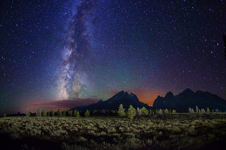 starry night, night, stars, landscape, Milky Way, trees, mountains, clouds, long exposure, galaxy, HD wallpaper