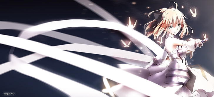 Mädchen trägt weißes ärmelloses Kleid Anime Charakter, Fate / Unlimited Codes, Sabre Lily, Fate-Serie, Rüstung, Blondine, Schwert, Pferdeschwanz, Anime, Anime Mädchen, HD-Hintergrundbild
