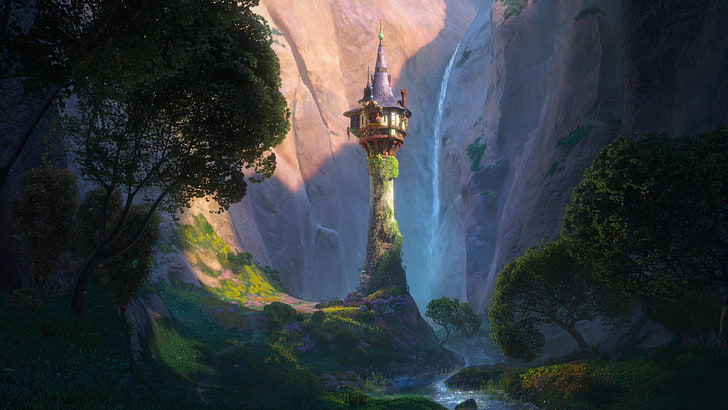 white and green watchtower illustration, trees, flowers, mountains, castle, tower, valley, spire, Tangled, Complicated story, Princess Rapunzel, Rapunzel, HD wallpaper