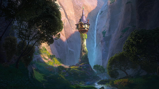 illustration de la tour de guet blanche et verte, arbres, fleurs, montagnes, château, tour, vallée, flèche, emmêlé, histoire compliquée, princesse Rapunzel, Rapunzel, Fond d'écran HD HD wallpaper