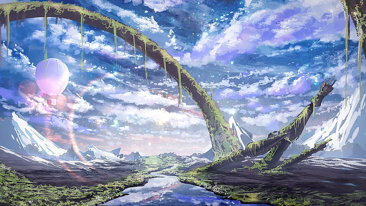 Anime, Original, Cloud, Hot Air Balloon, Landscape, Reflection, River, Scenic, Sky, HD wallpaper