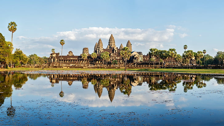タイ寺院の風景写真、カンボジア、建築、湖、木、5 k、 HDデスクトップの壁紙