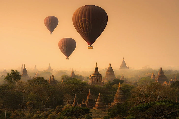 Homme, Bagan, Montgolfière, Myanmar, Panorama, Fond d'écran HD
